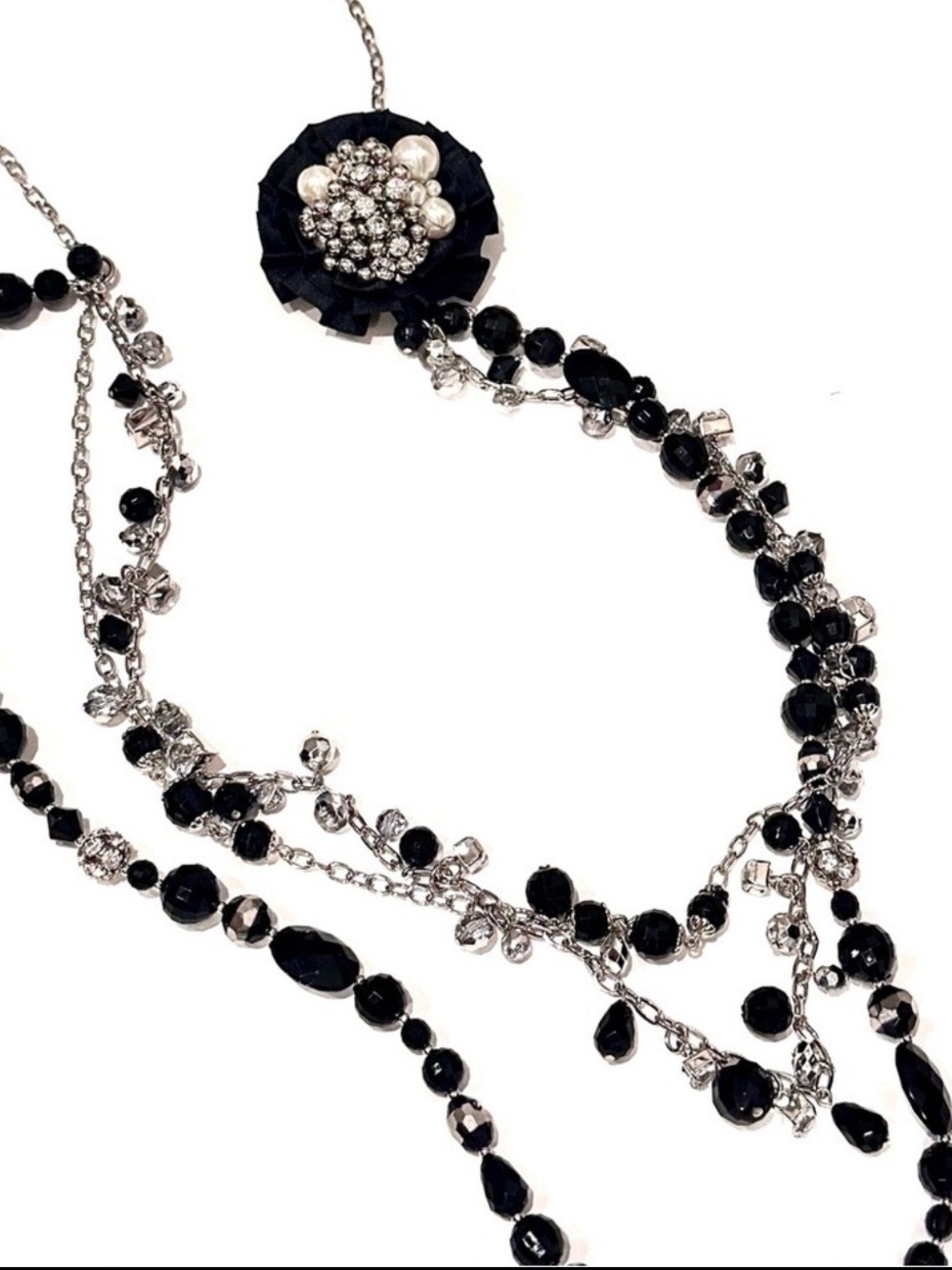 WHBM Black Silver Bead Pearl Necklace Convertible Brooch